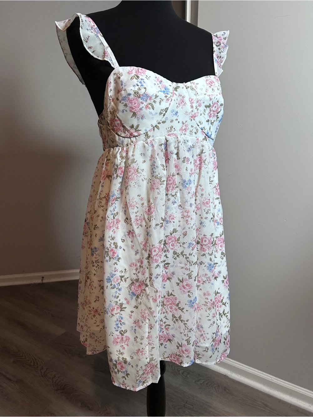 Floral Sweetheart Sundress in White with Pink & Blue Roses